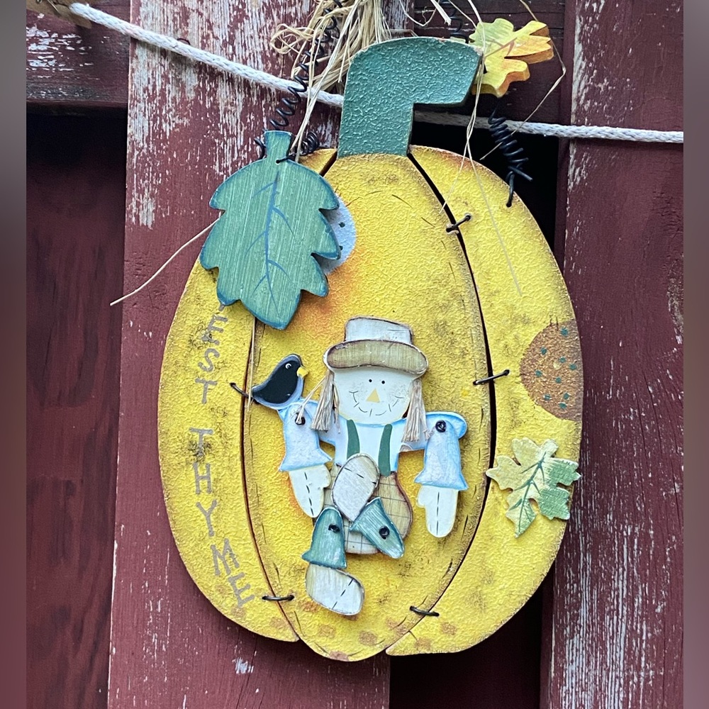 Wooden Pumpkin with Scarecrow Wall Hanging